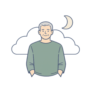 A man with a relaxed face standing in front of a cloud and moon.