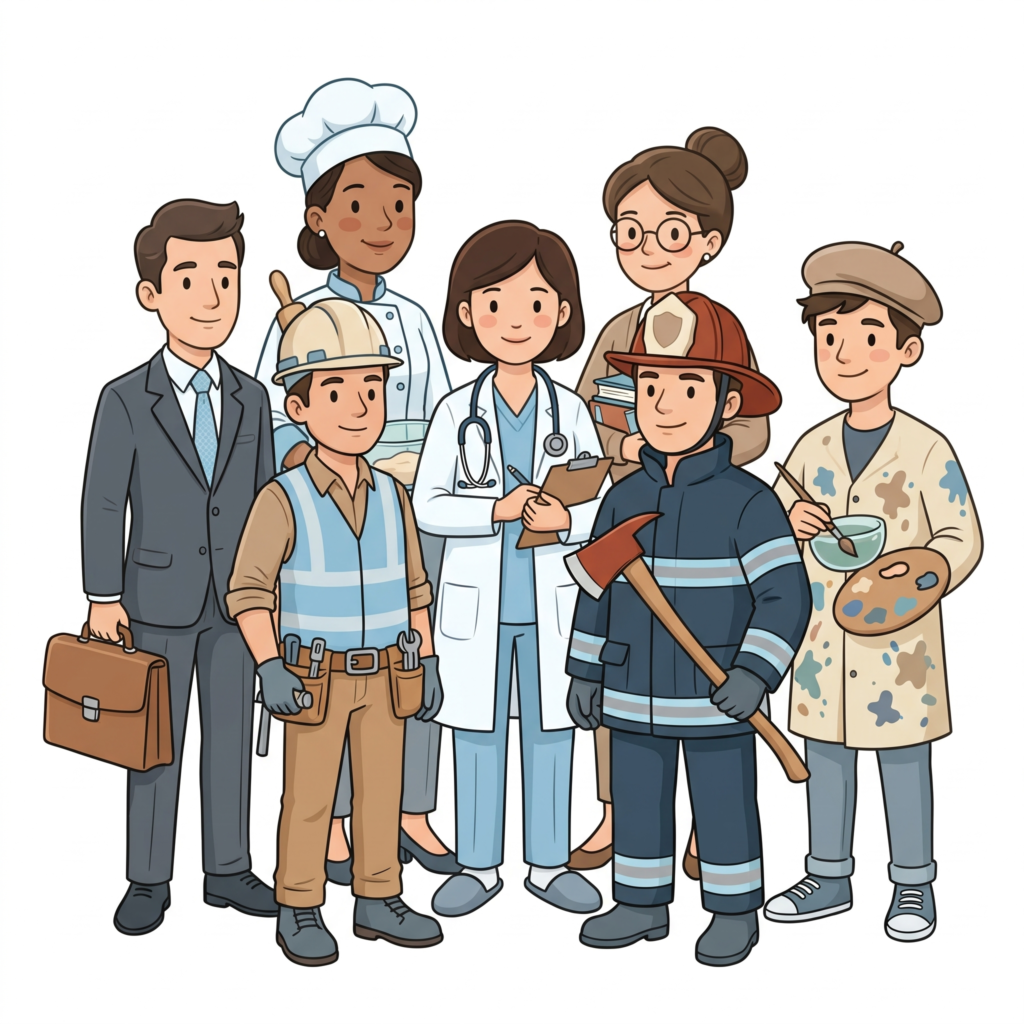 A simple cartoon illustration of seven diverse professionals standing together in a group. The group includes a doctor in a lab coat with a stethoscope, a firefighter in gear holding an axe, a teacher carrying books, a banker in a business suit with a briefcase, a chef in a toque, a construction worker with a hard hat and safety vest, and an artist holding a palette and brush. The design features clean lines and a soft, muted color palette.