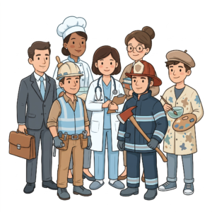 A simple cartoon illustration of seven diverse professionals standing together in a group. The group includes a doctor in a lab coat with a stethoscope, a firefighter in gear holding an axe, a teacher carrying books, a banker in a business suit with a briefcase, a chef in a toque, a construction worker with a hard hat and safety vest, and an artist holding a palette and brush. The design features clean lines and a soft, muted color palette.