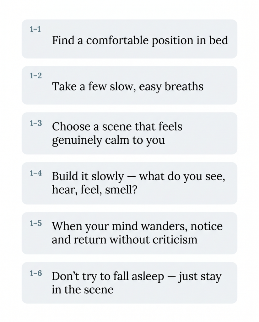 A clean, minimal vertical flow diagram outlining a 6-step pre-sleep routine on a light grey background. Each step is housed in a slightly rounded white rectangle with a small teal step number (1–6) in the top-left corner and dark charcoal serif text. The steps read sequentially: 1. Find a comfortable position in bed; 2. Take a few slow, easy breaths; 3. Choose a scene that feels genuinely calm to you; 4. Build it slowly — what do you see, hear, feel, smell? 5. When your mind wanders, notice and return without criticism; 6. Don't try to fall asleep — just stay in the scene.