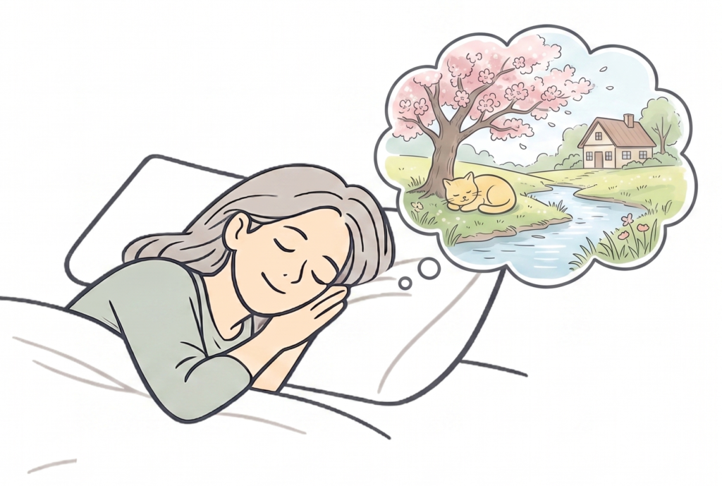 Woman sleeping in bed, dreaming of a peaceful countryside scene with a cherry blossom tree, a cat by a stream, and a house in the distance.