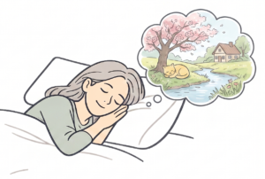 Woman sleeping in bed, dreaming of a peaceful countryside scene with a cherry blossom tree, a cat by a stream, and a house in the distance.