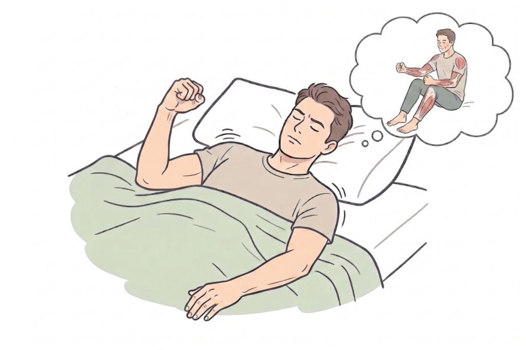Man sleeping in bed, imagining a muscular person exercising in a thought bubble above him.