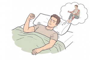 Man sleeping in bed, imagining a muscular person exercising in a thought bubble above him.