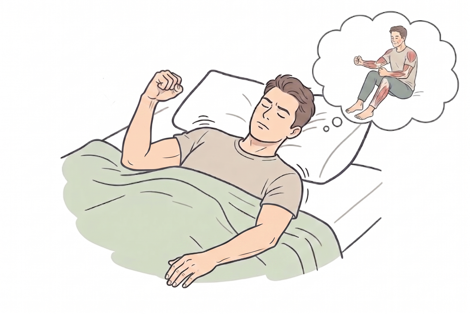 Man sleeping in bed, imagining a muscular person exercising in a thought bubble above him.
