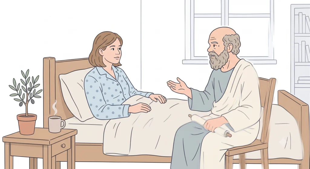 A woman in polka-dot pajamas sits up in bed, holding hands with an elderly man in a robe while they talk in a cozy bedroom with a plant on a side table and a mug nearby.