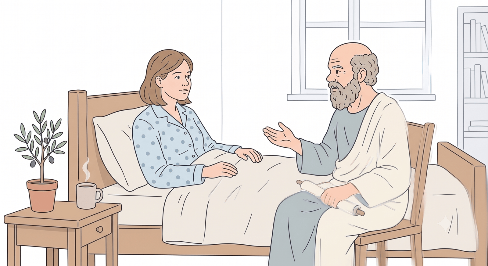 A woman in polka-dot pajamas sits up in bed, holding hands with an elderly man in a robe while they talk in a cozy bedroom with a plant on a side table and a mug nearby.