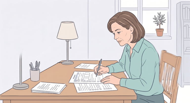 Woman sits at a desk, filling out forms with a pen, papers spread out and a lamp nearby.