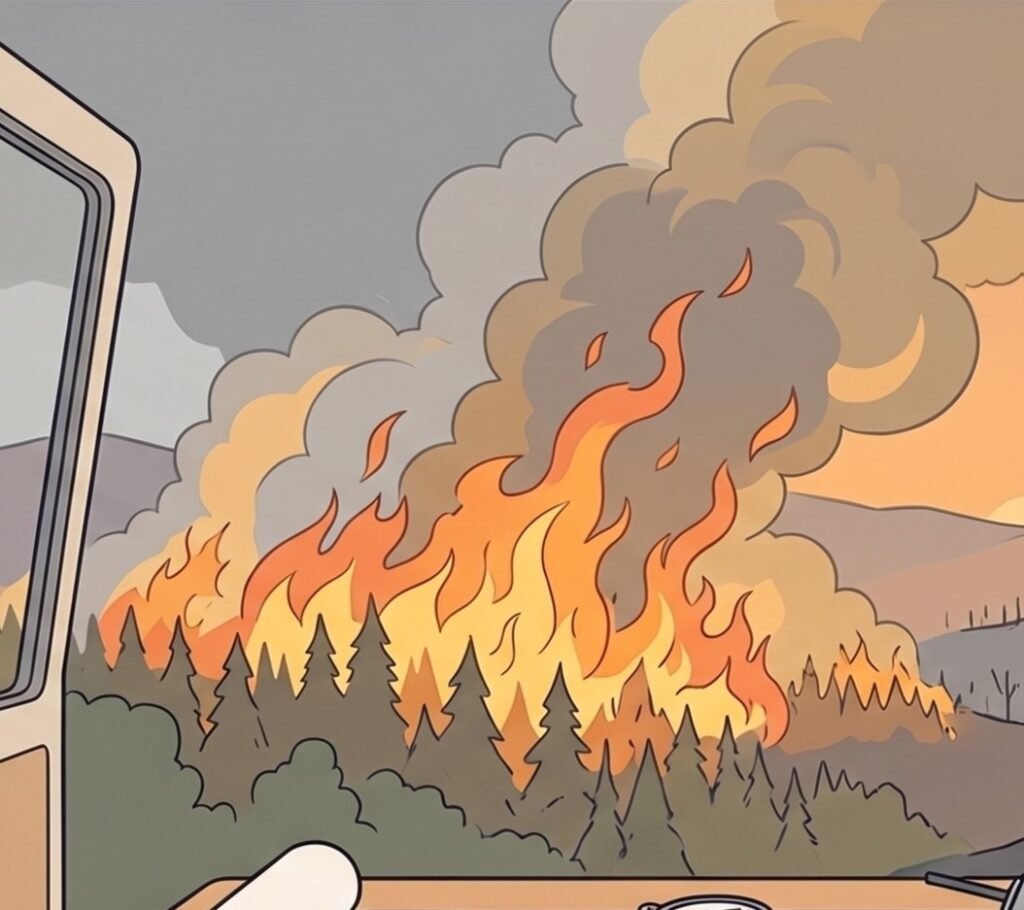 Wildfire image, burning in the distance.
